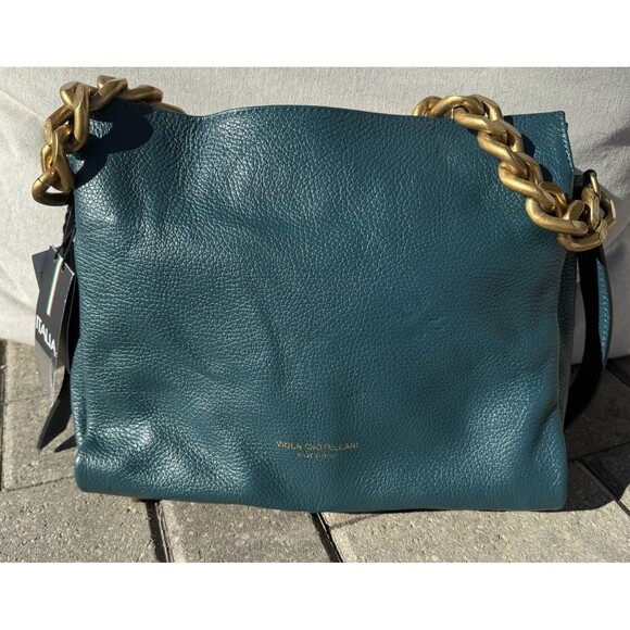 Viola Castellani Italian Leather Dark Teal Purse Large Gold Chain Crossbody NWT - Picture 7 of 16